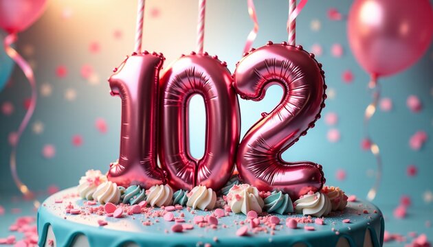 Number 102nd Birthday Balloon Celebration Cake, Adorned with Sparkling Confetti, Stars, Glitters, and Streamer Ribbons for a Festive Atmosphere