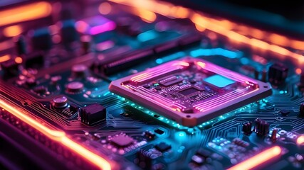 close-up of a circuit board with neon lights inside a microchip computer.