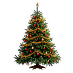 Christmas tree decorated with ornaments isolated on transparent PNG background.