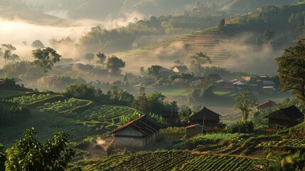 Early morning fog envelops the village as farmers begin their agricultural tasks
