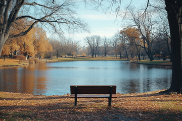 A park with a calm pond and tall  trees