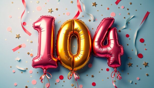 Number 104th Birthday Balloon Celebration Cake, Adorned with Sparkling Confetti, Stars, Glitters, and Streamer Ribbons for a Festive Atmosphere