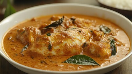 A bowl of fish curry with fresh leaves. Perfect for a food blog or recipe website.