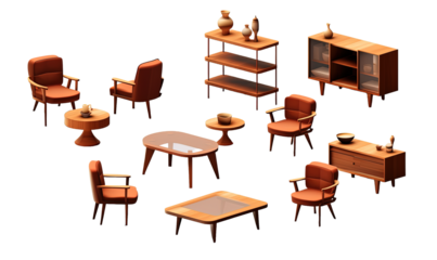 Modern furniture set on transparent background, png	