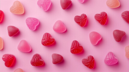 Heart-shaped pink and red jelly candies spread across a soft pink background, perfect for a romantic Valentine's Day theme or confectionery design.