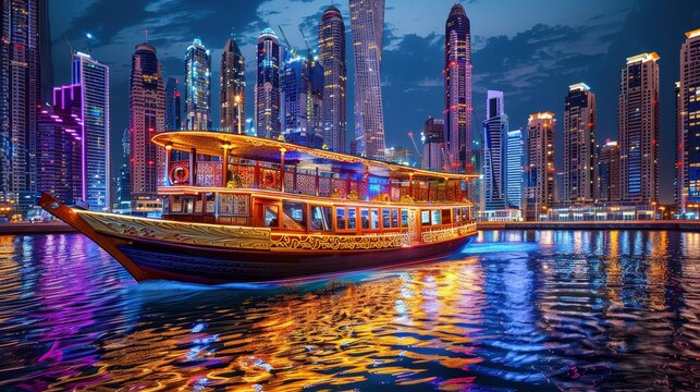 Enjoy a luxurious dinner cruise on a traditional dhow in Dubai Marina.