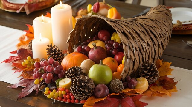 A detailed image of a Thanksgiving centerpiece featuring a large cornucopia surrounded by candles and autumn foliage.