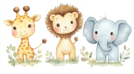 Fototapeta premium Cute watercolor style illustration with three baby animals in a row.