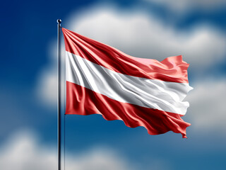 austria flag flying on blur blue clouds background.