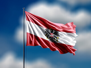 austria flag flying on blur blue clouds background.