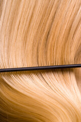 Close-up of blonde hair with a comb in the foreground. The hair is long and shiny and the comb is...