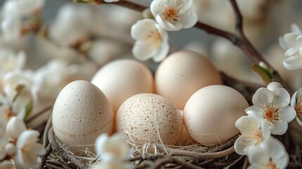 Fresh Eggs in a Nest Surrounded by Spring Blossoms - Natural and Organic Farm Produce Concept