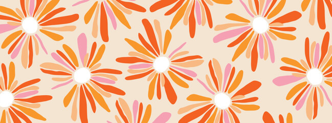 Abstract retro flower summer background, cover, card with bright flowers in retro styles and modern typography. Summer holidays, journey, vacation travel illustration. Promo ads design