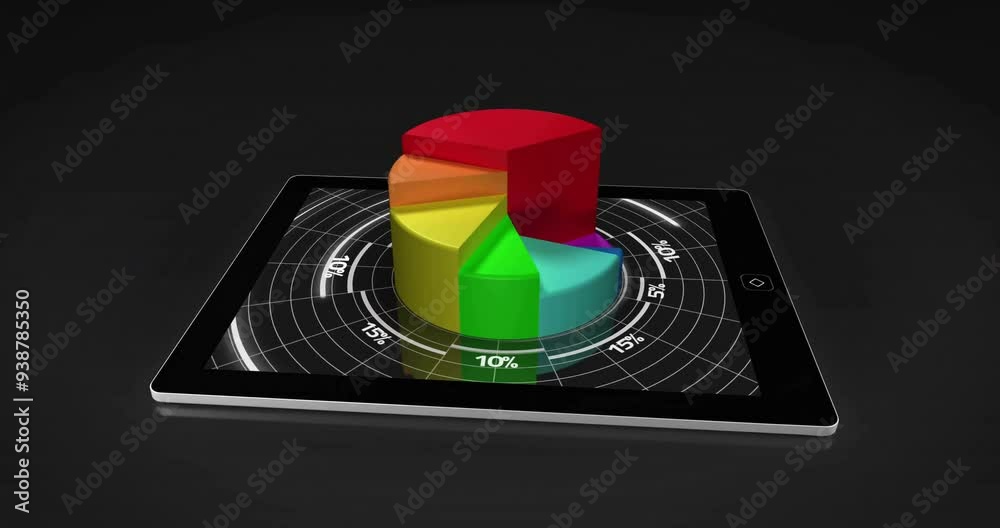 Poster 3D pie chart animation over tablet screen displaying data percentages