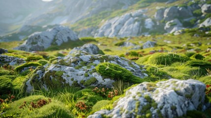 Green Mossy Rocks in Mountain Landscape