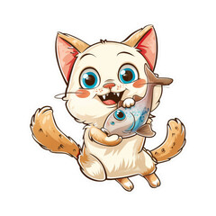 Fototapeta premium Cute White Cat Holding a Fish.