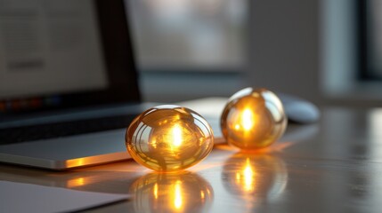 Obraz premium Golden Egg-Shaped Decorative Lights on a Wooden Desk Near a Laptop in a Modern Office Setting