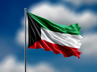 kuwait flag flying on blur blue clouds background.