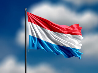 luxembourg flag flying on blur blue clouds background.