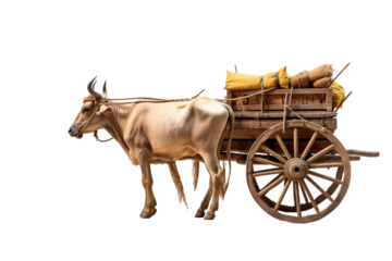 Traditional bullock cart isolated on transparent background, showcasing rustic wooden design and cultural heritage for vintage transportation concepts in digital artwork and creative design projects.