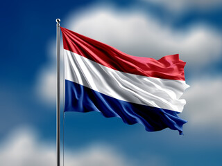 Netherland flag flying on blur blue clouds background.