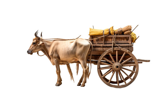 Traditional bullock cart isolated on transparent background, showcasing rustic wooden design and cultural heritage for vintage transportation concepts in digital artwork and creative design projects.