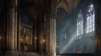 Fototapeta premium sunlight shining through a cathedral window into a stone floor