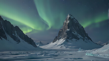 mountains with a green aurora bore in the sky