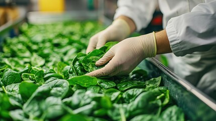 A worker's gloved hands select spinach from a bin. This image can be used for articles or content related to food production or healthy eating.