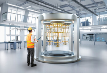 Quantum engineering technology with engineer develop quantum computer machine in shield capsule