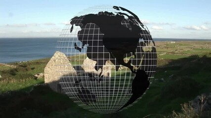 Rotating globe grid animation over coastal landscape with ancient ruins - Powered by Adobe