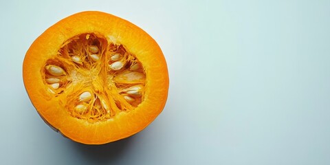 Top view of a pumpkin cut in half on a white background.