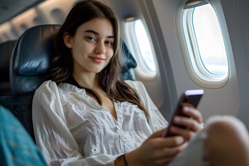 Fototapeta premium woman sitting in an airplane seat, holding a smartphone in her hands