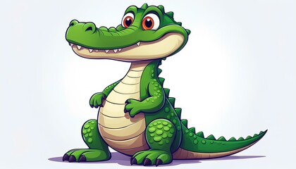 Fototapeta premium A friendly, cartoon crocodile standing on a simple background. The crocodile has large, expressive eyes and a wide, toothy grin. Its skin is a vibrant green with a lighter underbelly, and its scales a