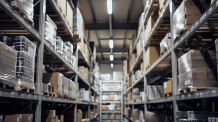 Warehouse Interior with Rows of Shelving and Packed Boxes