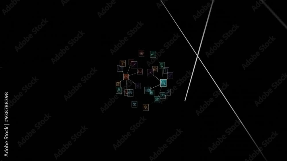 Poster animating geometric shapes and data icons over black background with intersecting lines