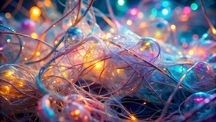 "Moody atmospheric abstraction of tangled neon threads weaving irregular mesh patterns amidst smoked glass fragments with subtle gradient shifts, whispers of pastel hues, and ethereal luminescence."