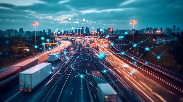 A global supply chain network visualized through GenAI algorithms optimizing routes, predicting demand, and ensuring sustainability, resulting in cost savings and reduced environmental impact