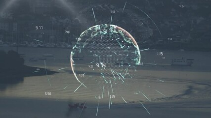 Digital globe and data points animation over coastal town and boats - Powered by Adobe