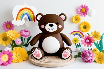 Cheerful Watercolor Bear Surrounded by Vibrant Flowers and a Rainbow for Baby Celebrations and Nursery Decor