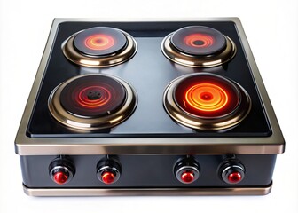 Fototapeta premium A worm's eye view captures the modern design of a shiny black electric stove, with sleek dials and radiant heating elements gleaming against a dark backdrop.