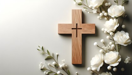wooden cross with white flowers simple and elegant funeral invitation template with space for text