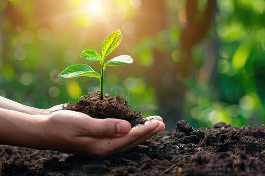 closeup hand of person holding abundance soil with young plant. Concept green world earth day
