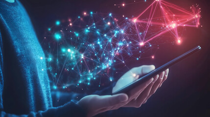 
a supply chain operator holding a tablet with a virtual supply chain generated by ai hovering over the tablet, uturistic, photorealistic,