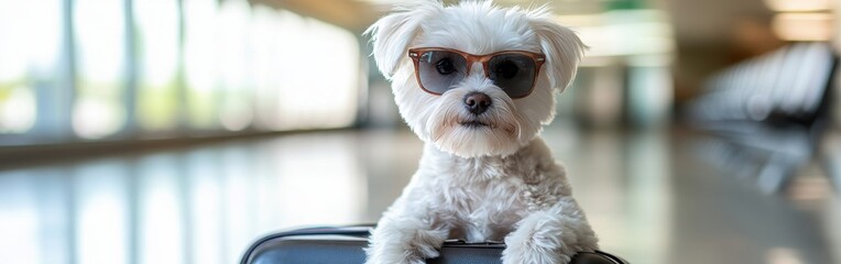 Adorable white maltese dog going on vacation standing on suitcase travel and sunglasses in modern airport terminal background,Funny Vacation and Travel,pet-friendly,Tourist journey trip concept.