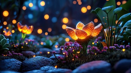 A magical night scene featuring glowing flowers, radiant lights, and lush greenery, creating an enchanting atmosphere in nature.