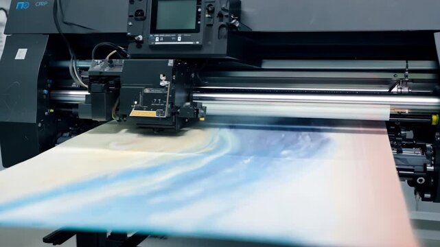 Industrial printer working, plotter head slides over paper surface, prints large image. Modern digital inkjet printer puts picture on vinyl banner. Textile industry. Process applying color to fabric.