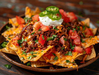 A plate of mixed nachos with ground beef