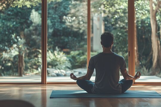 Man meditating in serene setting, focus on wellness and peace