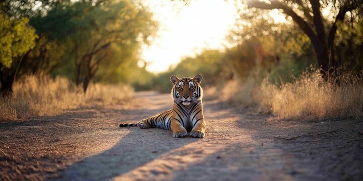 A Majestic Tiger laying in a small dirt road in the forest of Ranthambore National Park, India